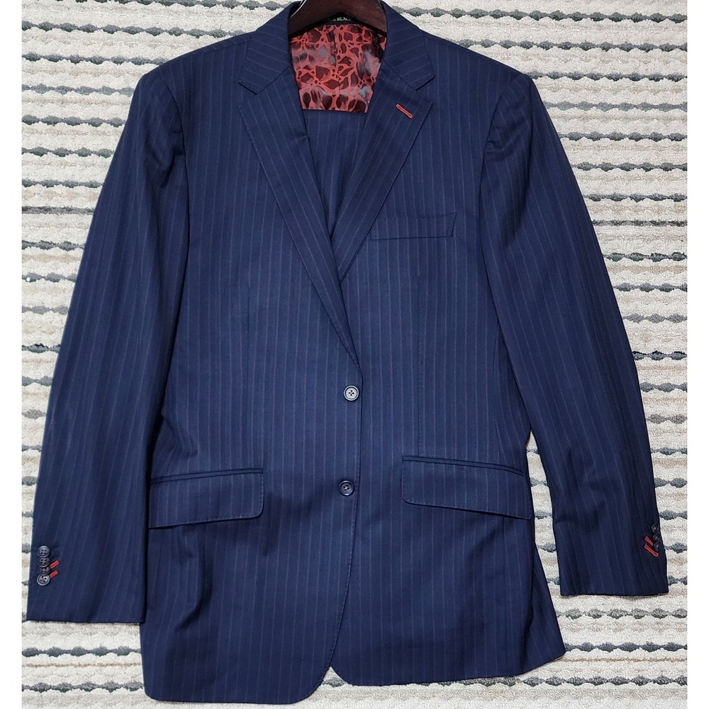 Marzoni Men's Bespoke Navy Pinstripe 2 Button Wool Suit Size 42 Long 🇮🇹